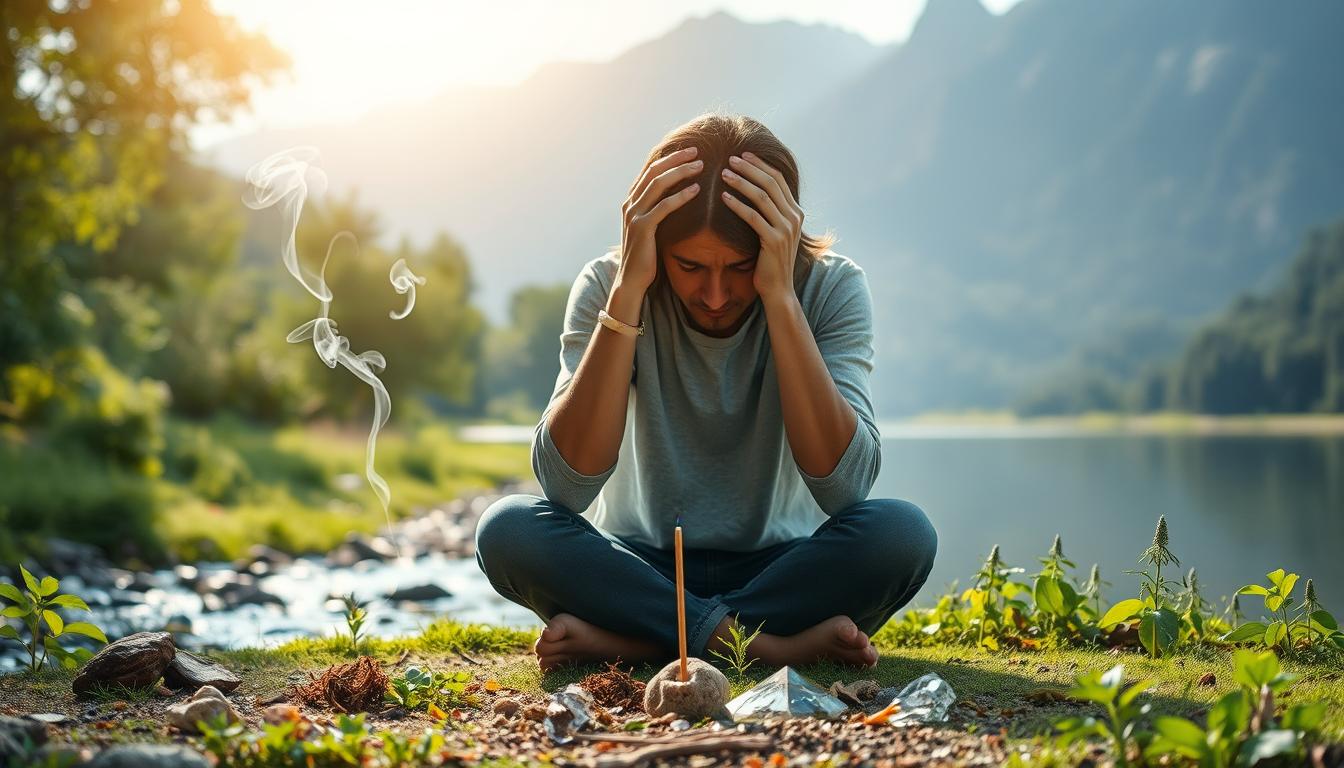 A serene natural setting, with lush greenery and a calming stream. In the foreground, a person sits cross-legged, their face displaying a pained expression, hands gripping their head. Wisps of smoke curl from an incense stick, creating an atmosphere of introspection. The middle ground features a scattering of healing herbs and crystals, radiating a soothing energy. In the background, a majestic mountain range, its peaks shrouded in mist, symbolizing the journey towards inner peace. Soft, natural lighting illuminates the scene, casting gentle shadows that accentuate the subject's emotions. A sense of tranquility and contemplation pervades the image, offering a glimpse into the natural remedies that can alleviate anxiety.